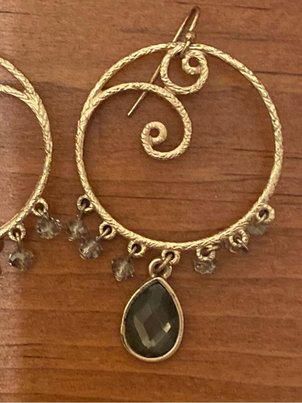 Gold-Tone Spiral Hoop Earrings with Black Teardrop and Clear Crystal Accents